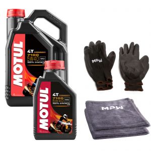Motul 7100 4T 5W40 Synthetic Motorcycle Engine Oil 5L + 2 MPW Gloves + 2 Cloths