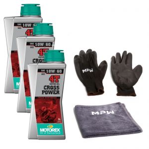 Motorex 10W60 4T Cross Power Motorcycle Engine Oil - 3L + MPW Gloves and Cloth