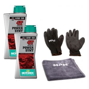 Motorex 10W50 4T Power Synt Motorcycle Engine Oil - 2L + MPW Gloves and Cloth