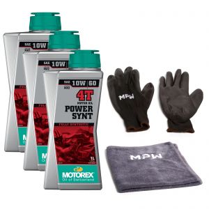 Motorex 10W60 4T Power Synt Motorcycle Engine Oil - 3L + MPW Gloves and Cloth