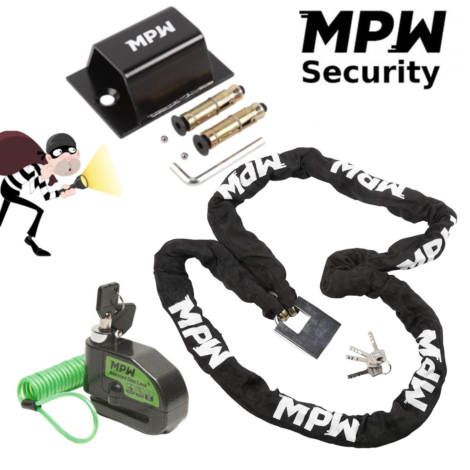 2M MPW Chain Lock & Ground Anchor for Motorbike Motorcycle Scooter 